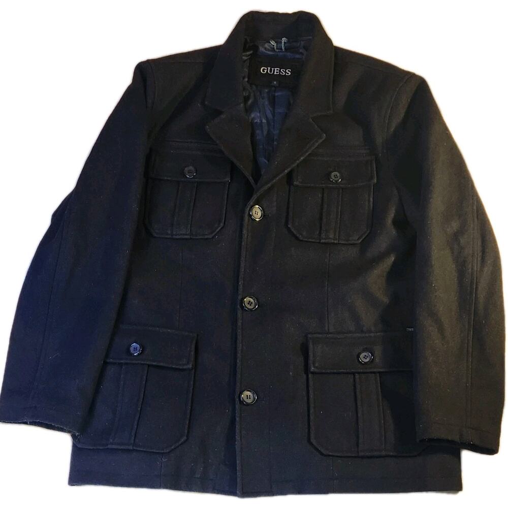 Guess Full Zip Wool Blend Black Hooded Coat Jacket w/ Lining Men's Size XL